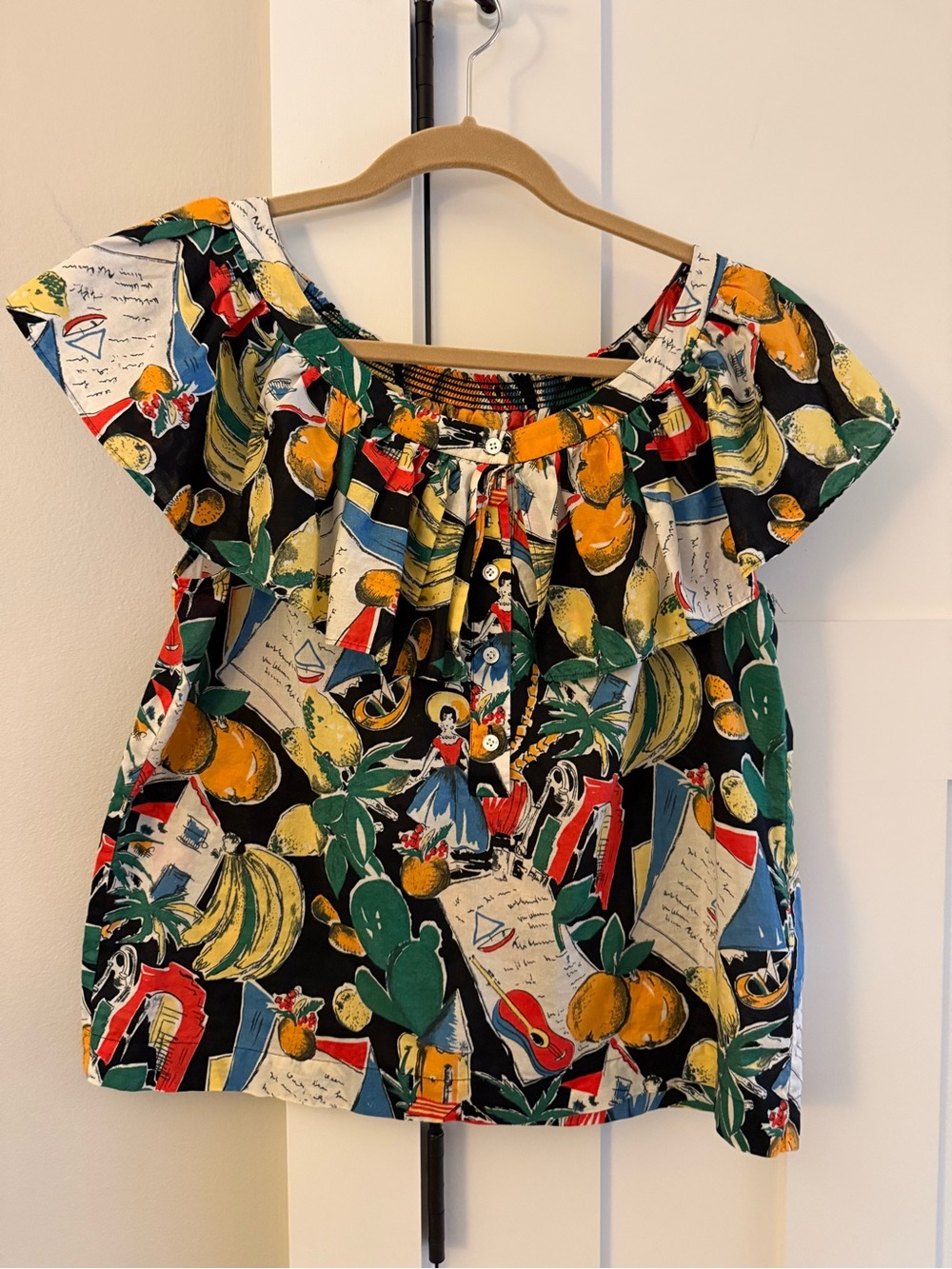 J Crew Island Print Cotton Sleeveless Ruffle Colorful Top 6